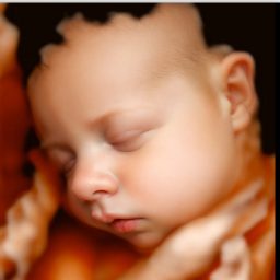 Ecografía 8K Bebé dormido con los ojos cerrados, rodeado de un ambiente suave y cálido.